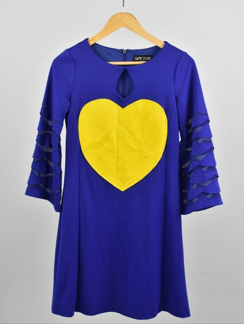 Ossie Clark A-Line Dress Blue Yellow Heart Accent 3/4 Sleeve